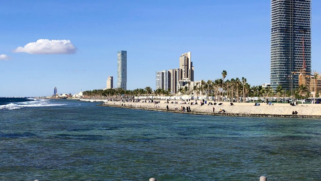 The Jeddah waterfront with the beach and city towers on the Red Sea